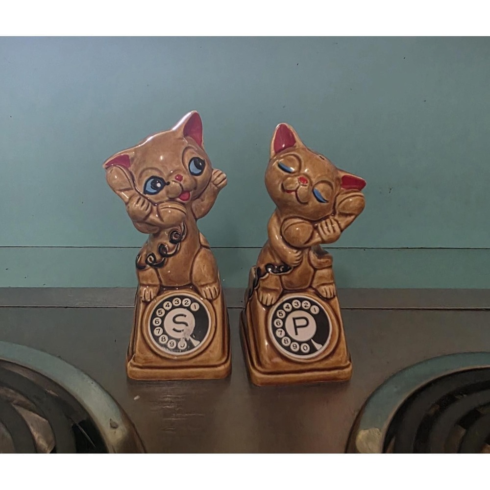 Vintage Japan Ceramic Cat Telephone Salt & Pepper Shakers Brown Cute Kitsch MCM